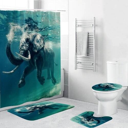 Underwater Elephant Waterproof Shower Curtain 4 Piece Bathroom Set Carpet Cover Toilet Cover Bath Mat Pad Durable Fabric