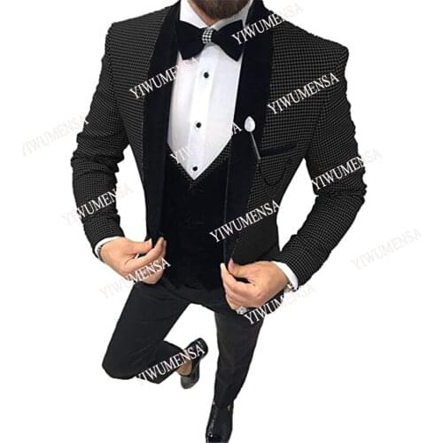 YIWUMENSA Mens Houndstooth Dogstooth Suits 3 Pieces Black Shawl Lapel Slim Fit Patterned Tuxedos Groomsmen Prom Party Dresses