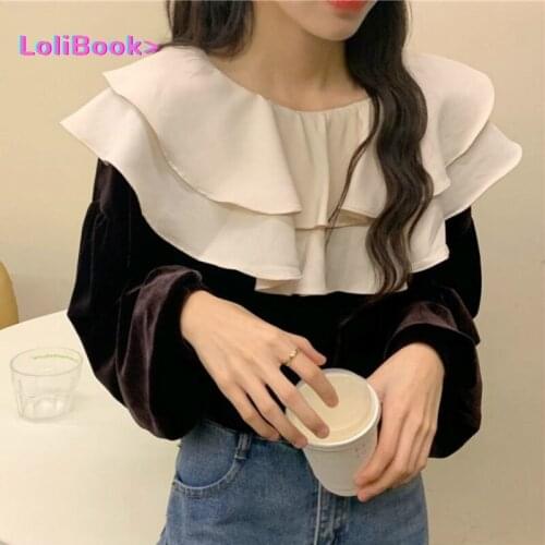 Lolibook Blouse Women Temperament Patchwork Ruffles Lantern Sleeve O-Neck Velour Female All-match Student Korean Style New