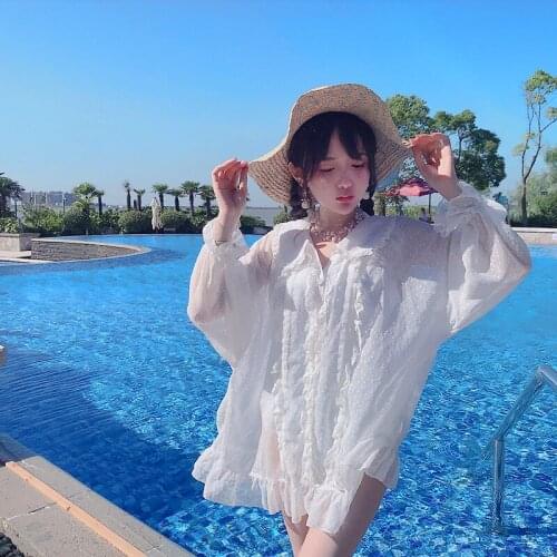 KEQI Bobon21 sweet blouse Summer fashion dream girl lace super fire bat sleeves loose Chiffon sunscreen blouse women T1649