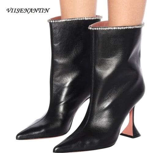 VIISENANTIN Women Ankle Booties Diamond Decor Pointed Toe Strange Heel Boot Microfiber Black Blue Fashion Shoes Mujer