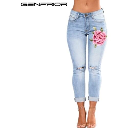 GENPRIOR 2017 Autumn Women New Cotton Embroidered Flower Sexy Elastic Ripped Hole Jeans Skinny Denim Female Causal Pencil Pants