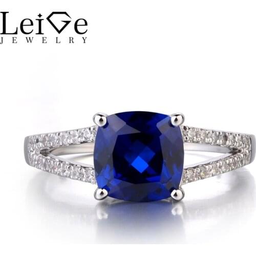 Leige Jewelry 925 Solid Sterling Silver Sapphire Ring Cushion Cut September Birthstone Gemstone Promise Wedding Rings for Women