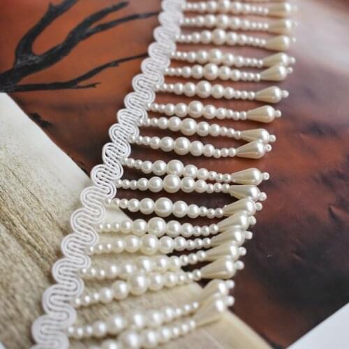 1 yard Off White Pearl Beaded Embroidered Tassels Lace Trim Ribbon Fabric Handmade DIY Costume Dress Sewing Supplies Craft