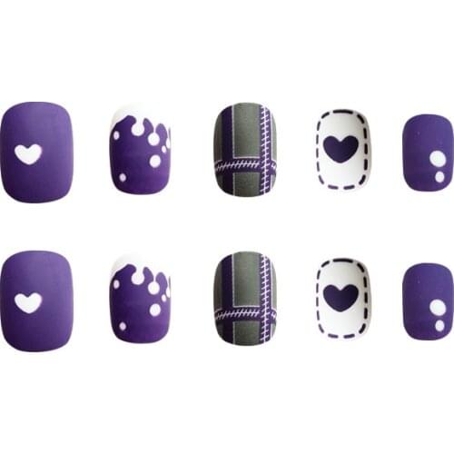 24pcs Purple White Fake Nails Love Heart Grid Printed designs Removable Long Paragraph Fashion Manicure False With Glue Nail Art