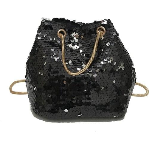 Sequined Womens Party Fashion Bucket Bag Bling Paillette Small Pouch Packing Girls Crossbody Bags Club Chain Sling Shoulder Bag
