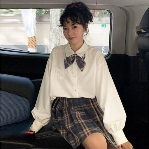 Harajuku Long Sleeve Tops and Blouses Women Fall 2020 Korean Lolita Style White Blue Blouse Shirts Schoolgirl Sweet Clothes