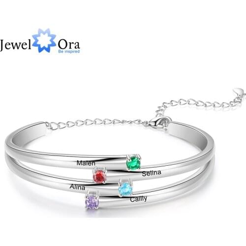 JewelOra Designer Personalized 4 Birthstones Family Bracelets for Women Custom Name Engraved Bracelet Mothers Day Gifts