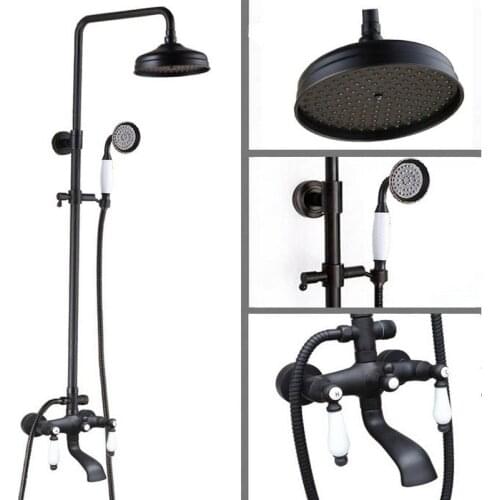 Black Oil Rubbed Brass Dual Ceramics Handles Bathroom Rain Shower Faucet Set + 8 Inch Rain Shower Head + Handheld Shower ahg142