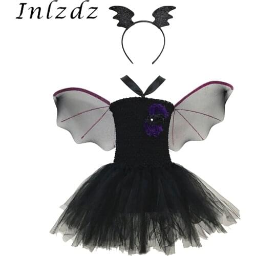 Kids Girls Fancy Cosplay Costume Purple Bat Vampire Princess Dress Witch Clothes with Wing Headband Halloween Role Play Clothing