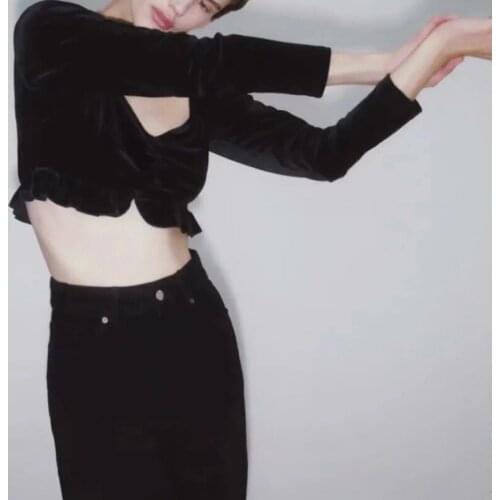 Hot sale ladies pure black top short slim sexy shirt high quality temperament blouse