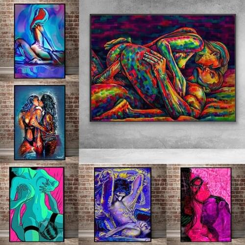 Sexy Woman Man Print Canvas Painting Colorful Abstract Nude Body Lover Sex Posters Wall Art Mural Pictures for Bedroom Cuadros
