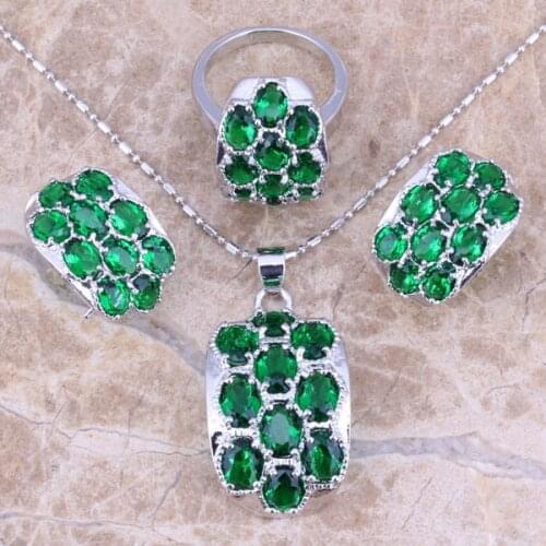 Green Cubic Zirconia Silver Plated Jewelry Sets Earrings Pendant Ring Size 5 / 6 / 7 / 8 / 9 / 10 S0008