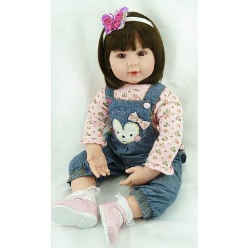 22inch Vinyl Silicone Doll Reborn Toddler Baby Girls Short Brown Hair Play Doll Toys Reborn Baby Doll In Soft Jeans Clothes