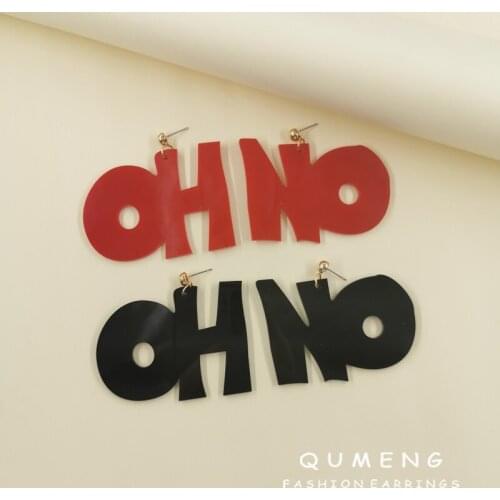 QUMENG Hot Selling Exaggerated Personality Black Red Letters OH NO Acrylic Resin Pendant Earrings Fashion Women Jewelry Gifts