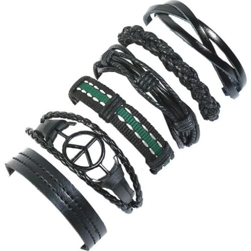 Fashion Multilayer Genuine Leather Bracelets Men Women Vintage Peace Charm Braided Handmade Wristbands Bangles Retro Accessories