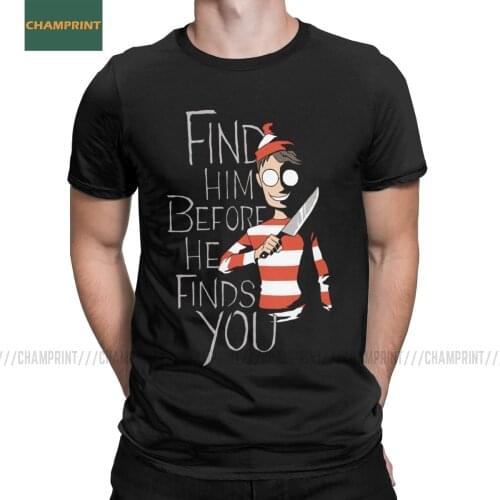 Men T-Shirt Hiding In The Dark Waldo Cotton Tees Short Sleeve Wheres Wally Parody 90s Comic Stripes Wanted T Shirts Plus Size