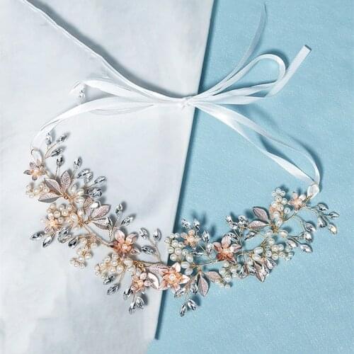 OKILY 2021 Handmade Wedding Headband Bride Rhinestone Flower Hair Piece Jewelry Pearl Bridal Hairband Decoration