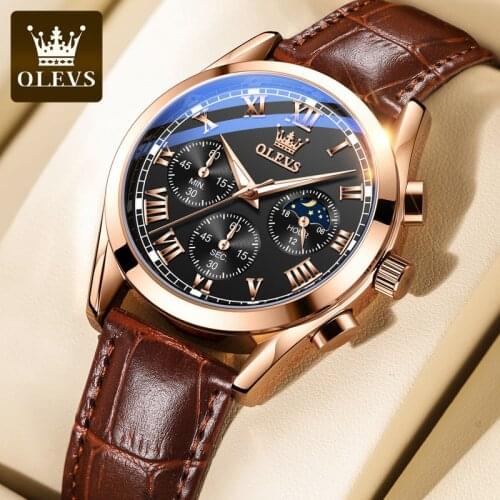 OLEVS 2871 Men Watches Quartz Multi-Function Sports Chronograph Watches Moon Phase Waterproof Leather Strap Mens Wristwatches