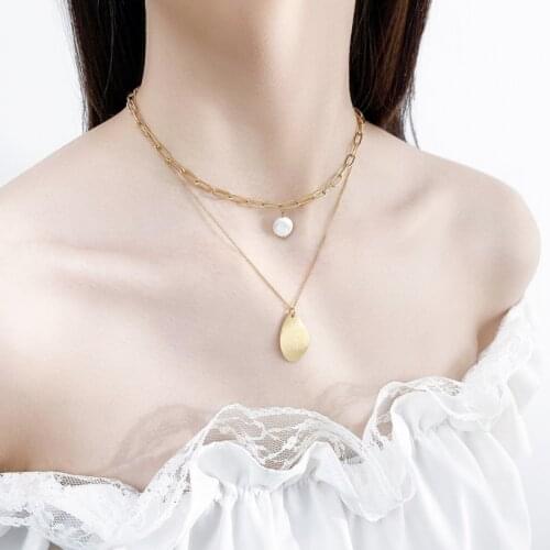 316L Stainless Steel New Fashion Fine Jewelry 2 Layer Pearl Drop Shape Charms Thick Chain Choker Necklaces & Pendants For Women