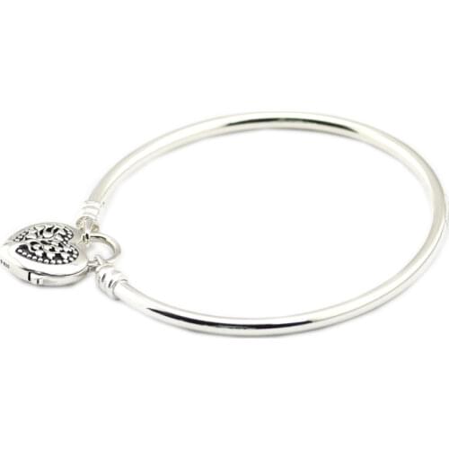 Genuine 925 Sterling Silver Bracelets Bangles Limited Edition Flourishing Heart Padlock Bangle for Women DIY Charms Jewelry