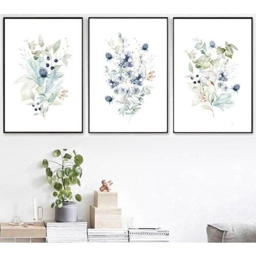 Simple Watercolor Blue Bouquet Canvas Painting Decorative Picture Wall Poster For Living Room Bedroom Dining Room Home Decor