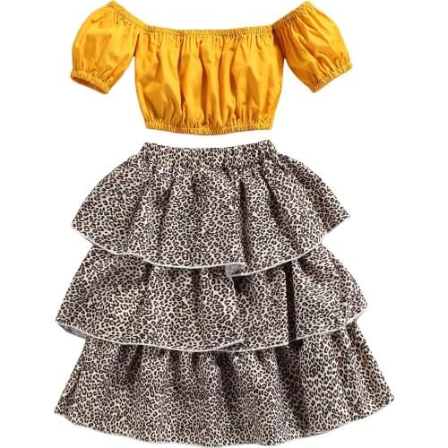 Baby Off Shoulder Short Sleeve Cake Skirt Leopard Print Elastic Waist Multi-layer Ruffle Decoration Summer