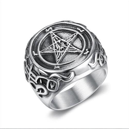 Satanic jewelry 316 stainless steel baphomet goat pentagram star rings party Vintage Hand Polishing