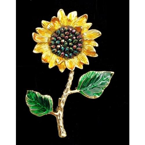 Sparkling Vintage Golden Long Stem AB Rhinestones Sunflower Brooches Pin Metal Work Jewelry for Valentine Day Mother Day Holiday