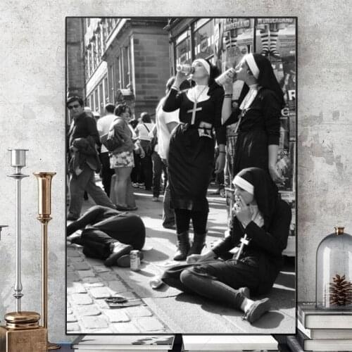 Smoking Nuns Vintage Black and White Canvas Painting Wall Art Nordic Posters and Prints Wall Pictures for Living Room Decoration