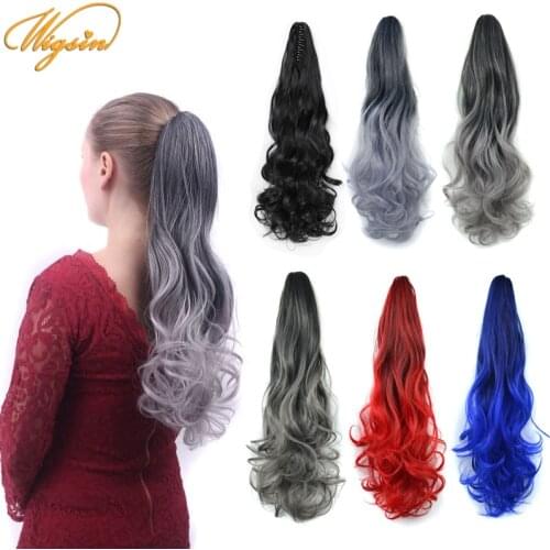 WIGSIN 20Inch Long Synthetic Curly Claw On Ponytail Clip in Hair Extensions Ombre Black Red Blue Hairstyle For Women