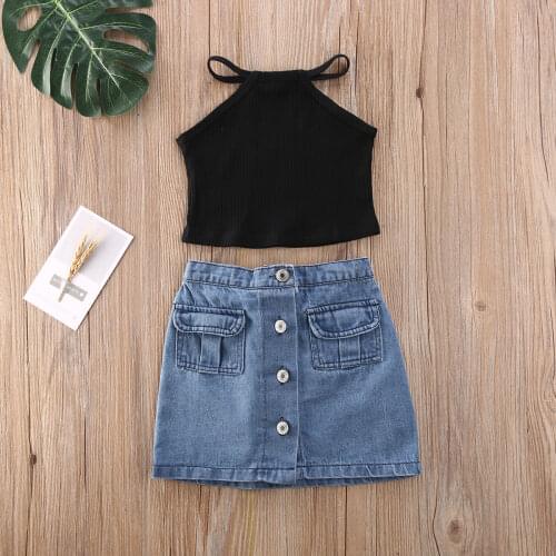 2-6Y Toddler Kids Baby Girls Clothing Set Black Vest Top T-shirt + Denim Skirts 2PCS Outfits 2020 Summer
