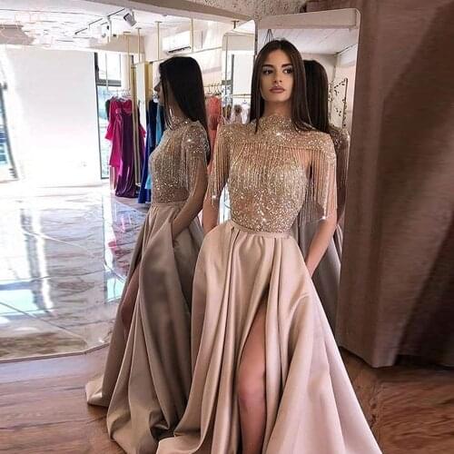 Dubai Arabic Prom Dress High Neck Side Split with Pockets Beads Tassel Handmade Long Formal Party Gown платья знаменитостей