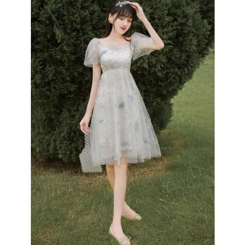 2021 Summer Women Feminine Fairy Dress Square Collar Embroidery Butterfly Sequined Dress Puff Sleeve Elegant Mesh Party Dresses