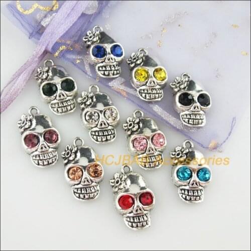 10Pcs Tibetan Silver Tone Retro Halloween Skulls Mixed Crystal Charms Pendants 13x22mm