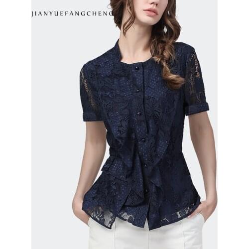 Fashion Hollow Out Blue Lace Shirts Square Neck Short Sleeve With 3D Ruffles Women Summer Tops Elegant Slim Casual Office Blouse