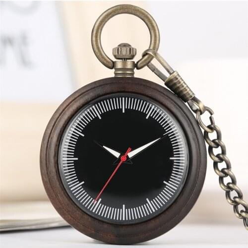 White Scale Black Dial Quartz Pocket Wood Timepiece Bronze Fob Natural Wooden Pendant Pocket Watch Red Seconds Luminous Display
