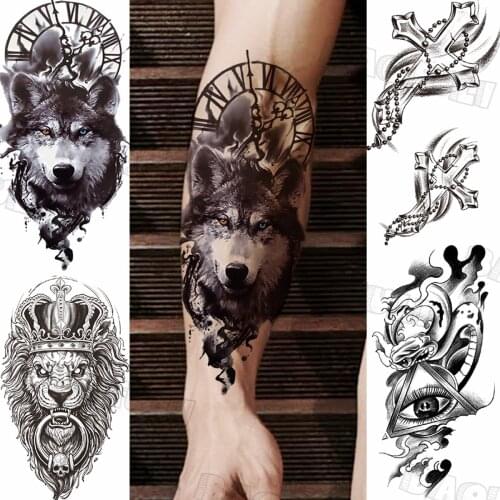 Black Wolf Compass Temporary Tattoos For Men Adult Cross Lion Eyes Realistic Fake Tattoo Sticker Fashion Half Sleeve Tatoos