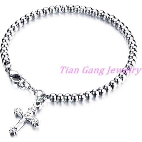 Hot Trendy Silver Color 316L Stainless Steel Beads Bracelets Female Women Charm Cross Bangles Wholesale Jewelry Factory Price