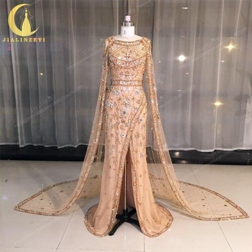 JIALINZEYI Real Sample Brown Luxurious High Quality Sexy Slit Shawl Party Dress for Party Evening Dresses
