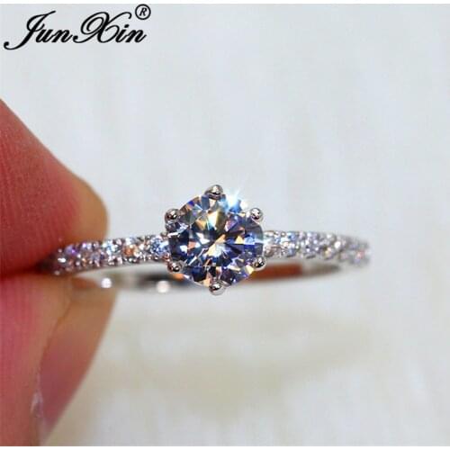 White Gold Filled Ring Wedding Bands Round Crystal Stone Rings For Women Six Claws Zircon Engagement Ring Classic Jewelry Cz
