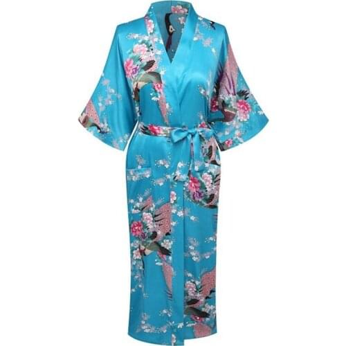 Summer Lake Blue Women Silk Satin Kimono Yukata Gown Bridesmaid Wedding Robe Nightgown Sleepwear Flower S M L XL XXL XXXL ZS04