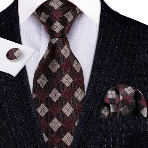 Fashion Luxury Brown Geometric 100% Silk Tie Gifts For Men Suit Red Wedding Tie Barry.Wang NeckTies Hanky Sets Business LN-5298