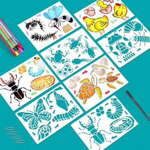 Montessori Drawing Stencils Chicken,Frog Ant,Batterfly Life cycle Plant Carrot Coloring Template Draw Teaching Material for Kids