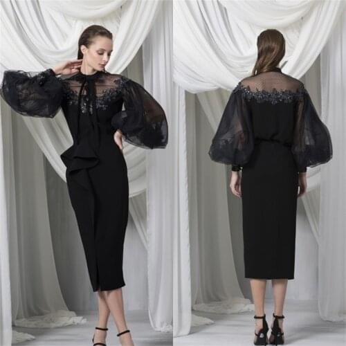 New Arrival Black Evening Dresses Jewel Long Sleeves Lace Prom Gowns Custom Made Tea-length Mermaid Special Occasion Dress