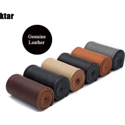 KTAR Cow Leather 38CM Car Steering-wheel Cover Anti-Slip Steering Wheel Covers With Needle and Thread Hand sawing