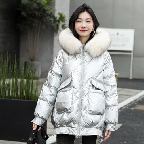 Glossy Shiny Long Down Coats Winter Real Fox Fur Silver Down Coats Female Thicker Warm Fur Coats Fox Fur hooded Parkas F2274