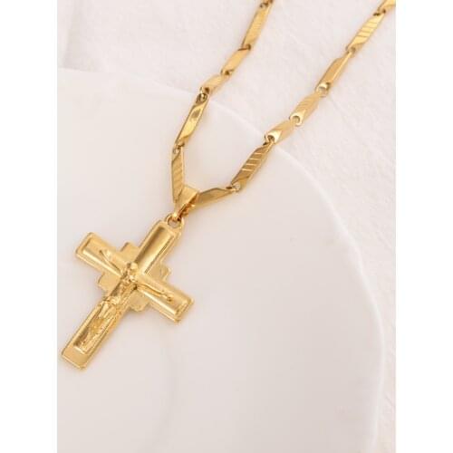Cross Pendant 24 k Solid Fine Yellow Gold Filled Charms Lines Necklace Christian Jewelry Factory God Gift
