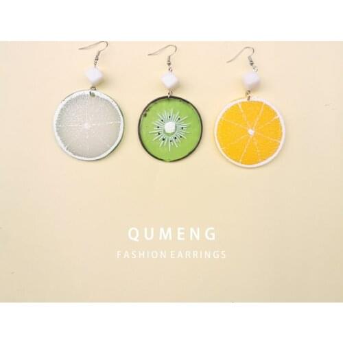 QUMENG New Design cute Fruit Lemon Orange Kiwi Earrings for Women Vacation Beach personality Jewelry Resin Earrings Girls
