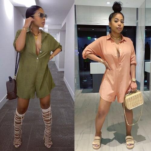 Sexy lady Shirt Lapel Solid Color Loose women Jumpsuit pants European and American clothes plus size green pink